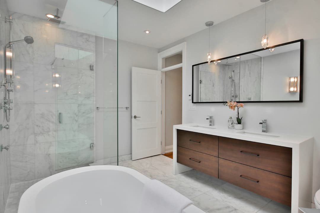 Luxury marble primary bathroom remodel in Massachusetts